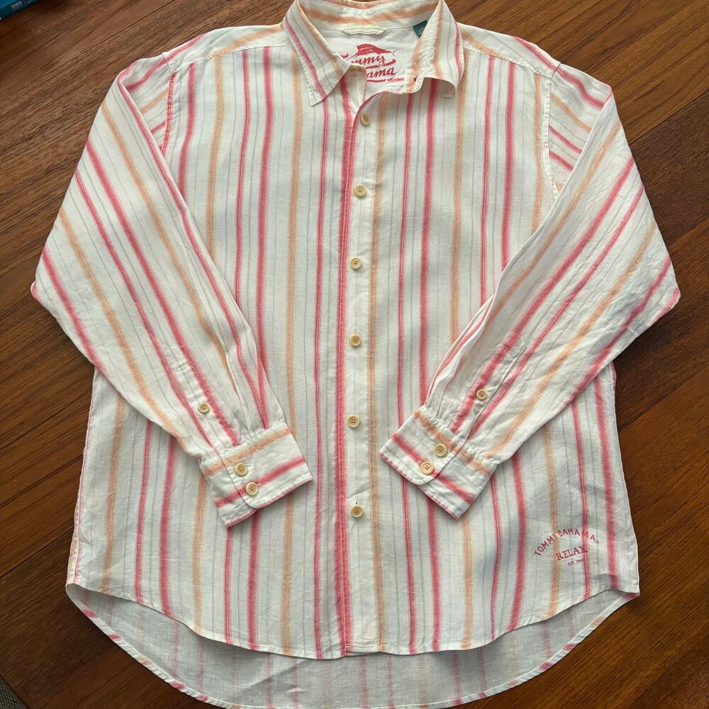 Tommy Bahama Relax 100% Linen long sleeve pink orange strip button down shirt L